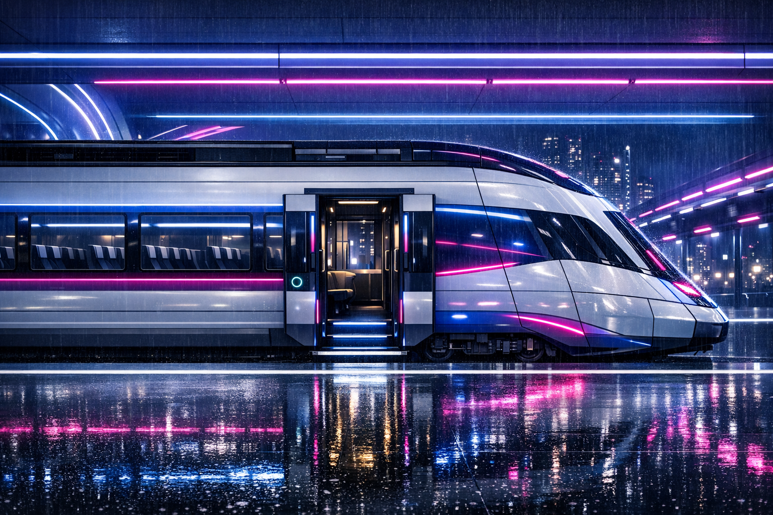 Train futuriste de nuit sous la pluie